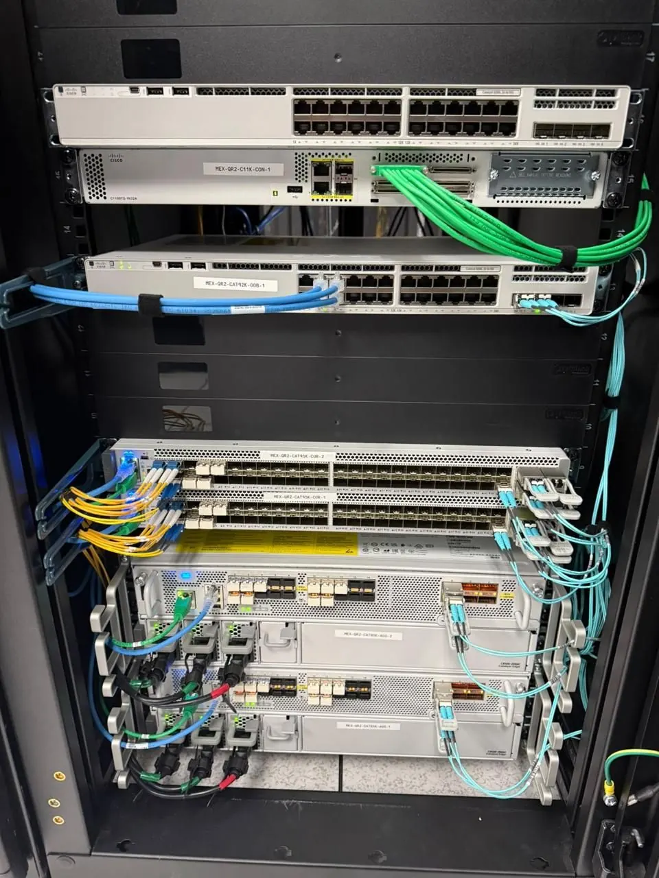 Rack de core con fibra peinada y etiquetada
